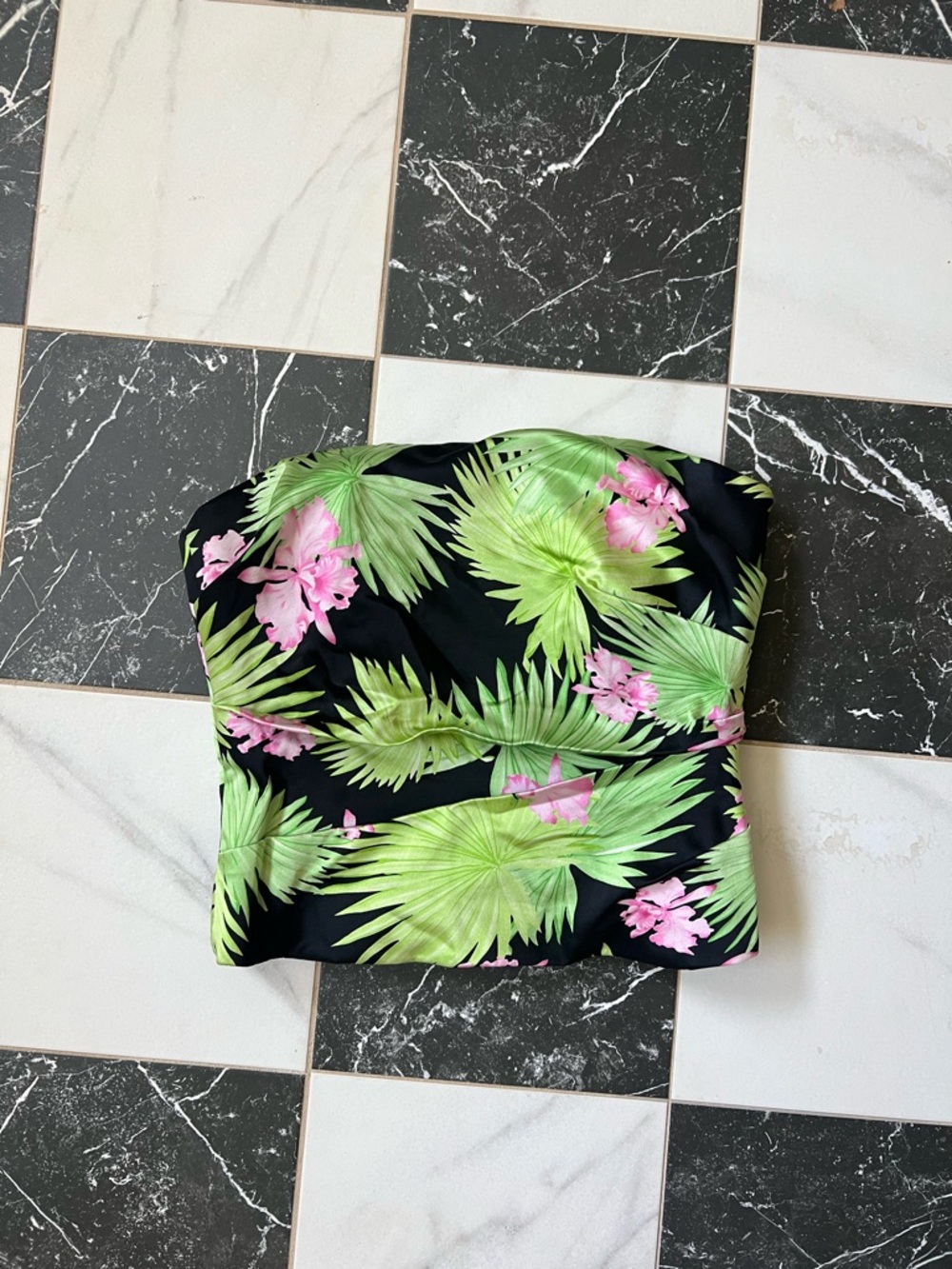 Kay Unger Black Strapless Top with Green Palm & Pink Floral Print